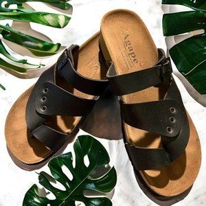 Ladies Size 8.5 Agape Adjustable Black Slip‎ on Sandals.